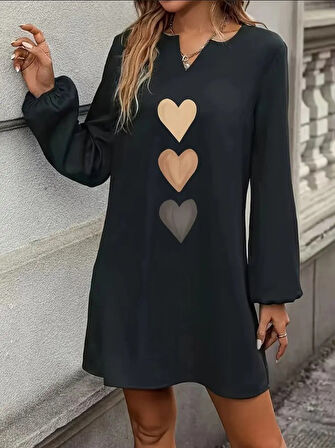 Reka Moda Kadın Uzun Kollu V Yakalı Kalp Desenli Mini Ithal Krep Elbise