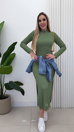 Reka Moda Kadın Uzun Kollu Balıkçı Yakalı Yanlardan Yırtmaçlı Kaşkorse Maxi Elbise