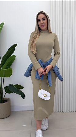 Reka Moda Kadın Uzun Kollu Balıkçı Yakalı Yanlardan Yırtmaçlı Kaşkorse Maxi Elbise