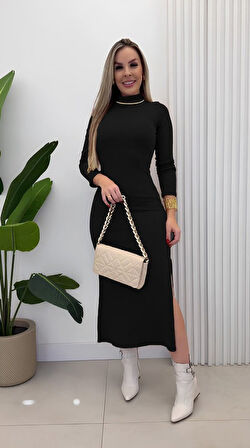 Reka Moda Kadın Uzun Kollu Balıkçı Yakalı Yanlardan Yırtmaçlı Kaşkorse Maxi Elbise