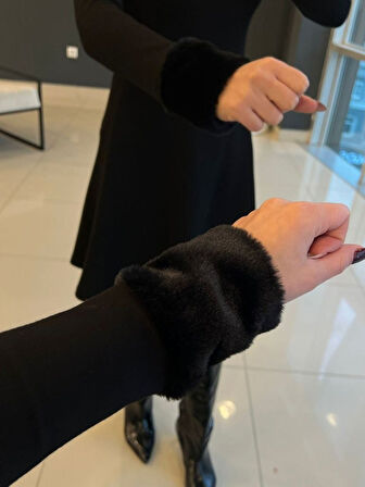 Reka Moda Kadın Uzun Kollu Kürk Yakalı Fermuarlı Kısa Viskon Iki Iplik Elbise