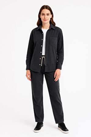 Reka Moda Kadife Oversize Takım – Gömlek Ve Pantolon İkili Set Füme Corduroy Şıklığı, Rahat Ve Zarif