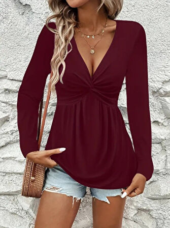 Reka Moda Kadın Uzun Kollu Dekolteli Sarmal Detaylı Viskon Bluz