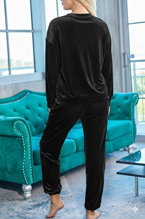 Reka Moda Kadın Uzun Kollu Yuvarlak Yakalı Kadife Bluz Ve Pantolon Takım