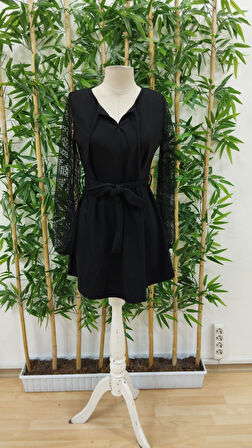 Reka Moda Kadın Uzun Kollu Yakadan Bağcıklı Belden Kuşaklı Ithal Krep Elbise