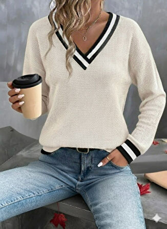 Reka Moda Kadın Uzun Kollu V Yakalı Waffle Bluz