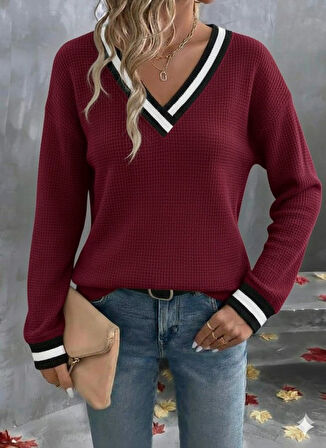 Reka Moda Kadın Uzun Kollu V Yakalı Waffle Bluz