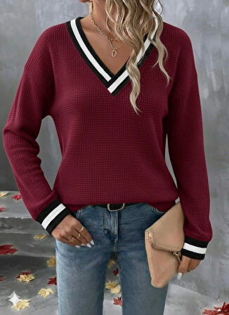 Reka Moda Kadın Uzun Kollu V Yakalı Waffle Bluz