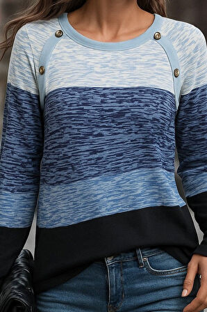 Reka Moda Kadın Uzun Kollu Yuvarlak Yaka Baskılı Düğme Detay Süprem Bluz