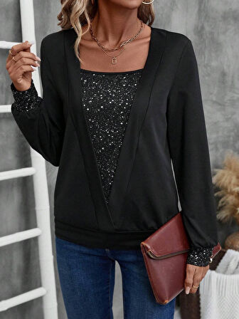 Reka Moda Kadın Uzun Kollu V Yakalı Içi Süprem Desenli Dışı Viskon Bluz