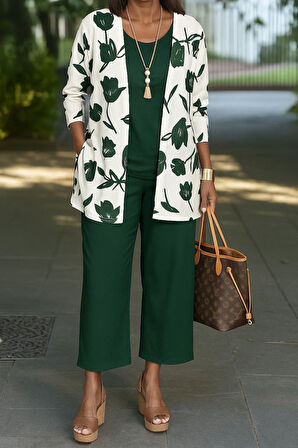 Reka Moda Kadın Uzun Kollu önü Açık Modal Ceket Kolsuz Viskon Iki Iplik Bluz Ve Pantolon üçlü Takım