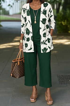 Reka Moda Kadın Uzun Kollu önü Açık Modal Ceket Kolsuz Viskon Iki Iplik Bluz Ve Pantolon üçlü Takım