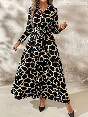 Reka Moda Kadın Uzun Kollu Yakalı önü Düğmeli Desenli Belden Kuşaklı Uzun Süprem Elbise