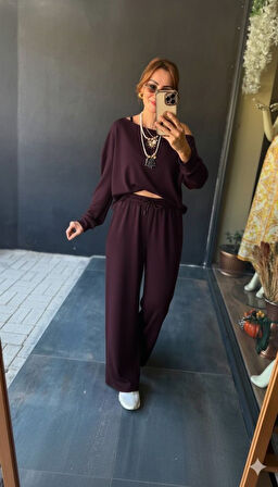 Reka Moda Kadın Uzun Kollu Tek Omuzdan Açık Viskon Iki Iplik Bluz Ve Pantolon Ikili Takım