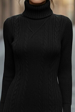 Reka Moda Kadın Uzun Kollu Balıkçı Yaka Kısa Triko Elbise