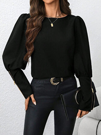 Reka Moda Kadın Uzun Kollu Bisiklet Yaka Fermuar Detaylı Ithal Krep Bluz