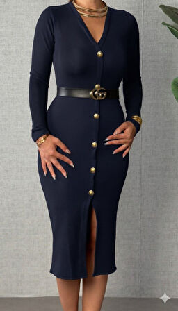 Reka Moda Kadın Uzun Kollu V Yakalı önden Düğmeli Yırtmaçlı Modal Midi Kemersiz Elbise