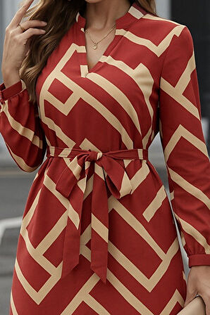 Reka Moda Kadın Uzun Kollu V Yakalı Desenli Belinde Kuşaklı Dalgıç Elbise
