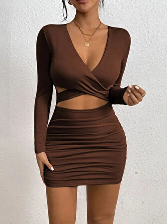 Reka Moda Kadın Uzun Kollu çapraz Dekolte Detaylı Mini Sandy Elbise