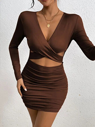 Reka Moda Kadın Uzun Kollu çapraz Dekolte Detaylı Mini Sandy Elbise