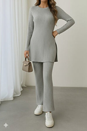 Reka Moda Kadın Uzun Kollu Yuvarlak Yaka Yandan Yırtmaç Detaylı şardonlu Kaşkorse Bluz Ve Pantolon Ikili Takım