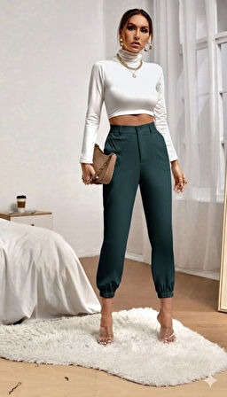Reka Moda Kadın Yüksek Bel Cepli Paçası Lastikli Ithal Krep Pantolon