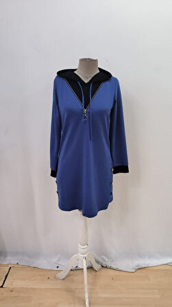 Reka Moda Kadın Uzun Kollu Kapşonlu önden Fermuarlı Düğmeli Mini Iki Iplik Elbise