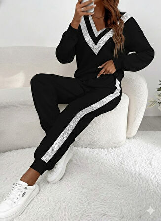 Reka Moda Kadın Uzun Kollu V Yakalı Pulpayetli Viskon Iki Iplik Bluz Ve Pantolon