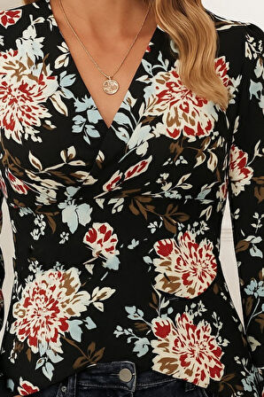 Reka Moda Kadın Uzun Kollu Kruvaze Yakalı Kelebek Desenli şardonlu Dalgıç Bluz