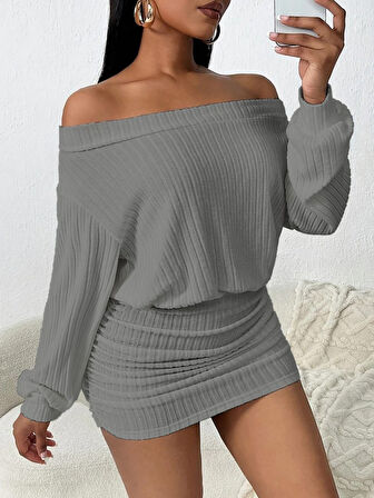 Reka Moda Kadın Uzun Kollu Madonna Yaka Yanlardan Büzgülü şardonlu Kaşkorse Mini Elbise