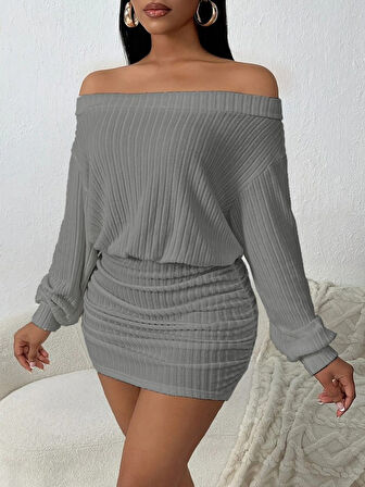 Reka Moda Kadın Uzun Kollu Madonna Yaka Yanlardan Büzgülü şardonlu Kaşkorse Mini Elbise