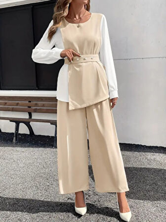 Reka Moda Kadın Uzun Kollu Açık Yakalı çift Renkli Kemerli Ithal Krep Ikili Takım