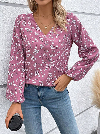 Reka Moda Kadın Uzun Kollu V Yakalı çiçek Desenli Modal Bluz