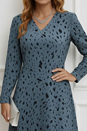 Reka Moda Kadın Uzun Kollu V Yakalı Desenli Kısa Keten Elbise