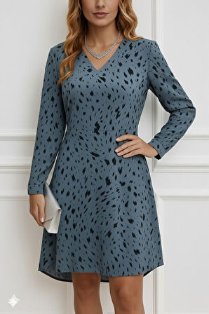 Reka Moda Kadın Uzun Kollu V Yakalı Desenli Kısa Keten Elbise