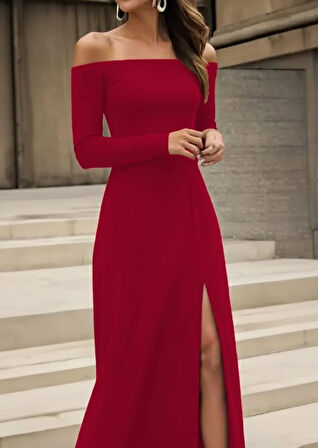 Reka Moda Kadın Uzun Kollu Madonna Yakalı Yırtmaç Detaylı Uzun Ithal Krep Elbise