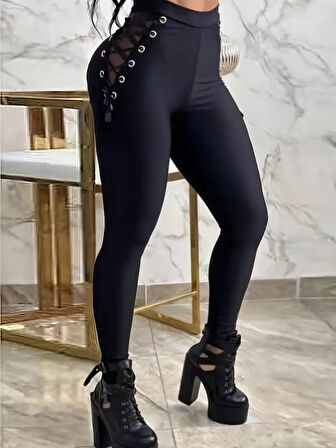 Reka Moda Kadın Yüksek Bel çapraz Bağcıklı Tül Detaylı Dalgıç Tayt