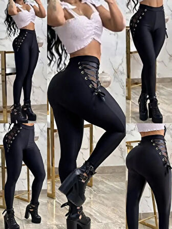 Reka Moda Kadın Yüksek Bel çapraz Bağcıklı Tül Detaylı Dalgıç Tayt