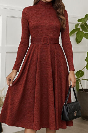 Reka Moda Kadın Uzun Kollu Balıkçı Yaka Kemer Detaylı Yumoş Midi Elbise