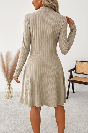 Reka Moda Kadın Uzun Kollu önden Fermuarlı Pileli şardonlu Kaşkorse Mini Elbise