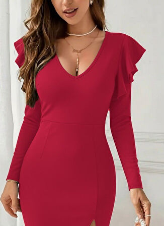 Reka Moda Kadın Uzun Kollu V Yakalı Yandan Yırtmaçlı Midi Ithal Krep Elbise