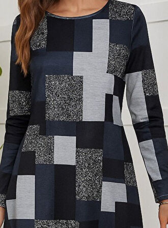 Reka Moda Kadın Uzun Kollu Yuvarlak Yaka Geometrik Süprem Elbise