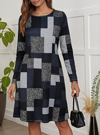 Reka Moda Kadın Uzun Kollu Yuvarlak Yaka Geometrik Süprem Elbise