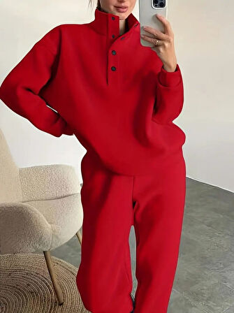 Reka Moda Kadın Uzun Kollu Balıkçı Dik Yakalı Düğmeli üç Iplik Bluz Ve Pantolon Ikili Takım