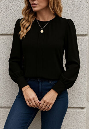 Reka Moda Kadın Uzun Kollu Bisiklet Yaka Pileli Ithal Krep Bluz