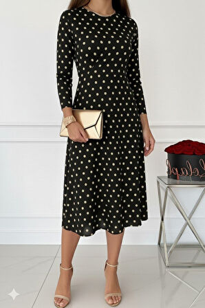 Reka Moda Kadın Uzun Kollu Bisiklet Yaka Puantiyeli örme Krep Midi Elbise