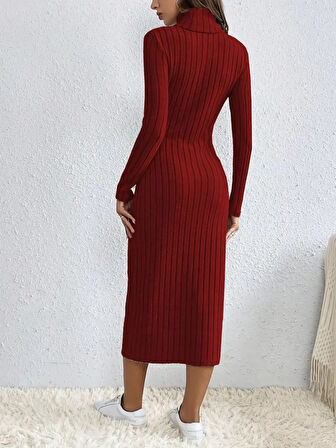 Reka Moda Kadın Uzun Kollu Balıkçı Yaka Yırtmaçlı Düğmeli şardonlu Kaşkorse Elbise