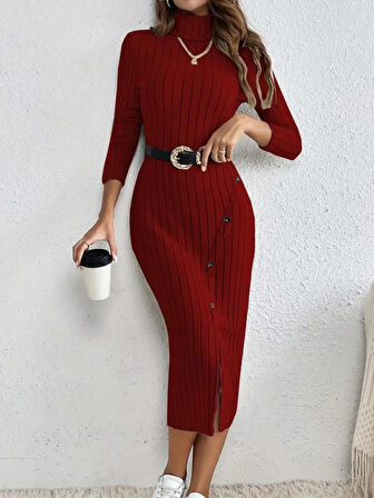 Reka Moda Kadın Uzun Kollu Balıkçı Yaka Yırtmaçlı Düğmeli şardonlu Kaşkorse Elbise