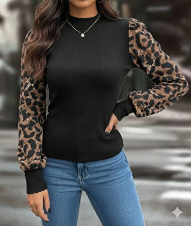 Reka Moda Kadın Uzun Kollu Yarı Balıkçı Yaka Leopar Detaylı Kaşkorse Bluz