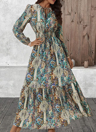 Reka Moda Kadın Uzun Kollu Uakadabağcıklı Beli Lastikli Desenli Uzun Süprem Elbise